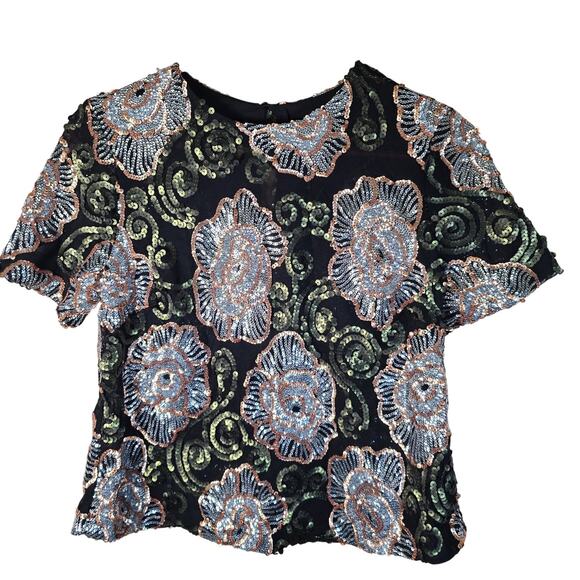 Endless Rose Black Sequin Floral Party Top Small - Picture 2 of 13